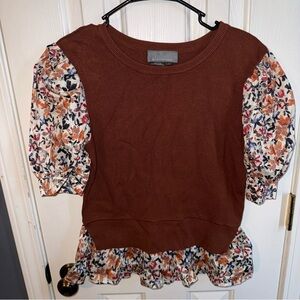 Anthropologie Brown Knit Top with Floral Puff Sleeves